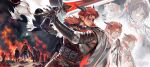  2girls 3boys arknights battle battlefield black_shirt character_request cowboy_shot demon_horns eyepatch facial_hair fire gauntlets goatee greatsword highres hoederer_(arknights) holding holding_sword holding_weapon horns long_hair looking_ahead male_focus mcmeao multiple_boys multiple_girls pointy_ears red_hair serious shirt smoke solo_focus sword thick_eyebrows weapon 