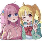  2girls ;d @_@ absurdres ahoge arm_around_shoulder blonde_hair blue_eyes blush bocchi_the_rock! bow bowtie braid cropped_torso cube_hair_ornament dress_shirt frown gotoh_hitori green_jacket hair_ornament highres hood hood_down hooded_jacket ijichi_nijika jacket jikai_ing long_hair messy_hair multiple_girls one_eye_closed one_side_up open_clothes open_jacket open_mouth pink_hair pink_jacket red_bow red_bowtie red_eyes school_uniform shirt side-by-side side_ponytail sidelocks smile track_jacket w white_shirt wing_collar 