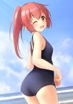  1girl ;d ass bare_arms bare_shoulders blue_one-piece_swimsuit blue_sky blurry blurry_background breasts brown_eyes cloud cloudy_sky commentary_request day depth_of_field from_side hair_between_eyes highres horizon long_hair looking_at_viewer looking_to_the_side ocean one-piece_swimsuit one_eye_closed original outdoors ponytail red_hair shibacha sky small_breasts smile solo swimsuit water 