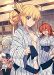  4girls ahoge alternate_costume alternate_hairstyle artoria_caster_(fate) artoria_pendragon_(fate) bath_yukata blonde_hair bottle bra breasts chaldea_logo fate/grand_order fate_(series) fujimaru_ritsuka_(female) green_eyes habetrot_(fate) hair_between_eyes hair_dryer highres japanese_clothes kimono long_hair long_sleeves medium_breasts milk milk_bottle morgan_le_fay_(fate) multiple_girls open_clothes open_kimono open_mouth orange_hair panties ponytail saipaco short_hair smile striped striped_kimono underwear vertical-striped_kimono vertical_stripes very_long_hair yukata 