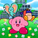  3boys bandana bandana_waddle_dee blue_bandana blue_eyes blue_sky blush_stickers car city cloud elfilin english_commentary field flower flower_field highres holding holding_polearm holding_weapon jradical2014 jumping kirby kirby_(series) kirby_and_the_forgotten_land motor_vehicle multiple_boys no_humans no_mouth one_eye_closed open_mouth polearm red_footwear rock ruins signature sky smile spear star_block weapon yellow_footwear 