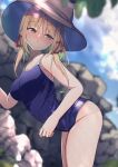  1girl :o absurdres armpit_peek ass bent_over blonde_hair blue_one-piece_swimsuit blue_sky blurry blurry_background blush breasts brown_headwear cleavage cloud collarbone cowboy_shot darumoon furrowed_brow groin hair_ribbon half-closed_eyes hat highres horizontal_pupils long_hair looking_back looking_to_the_side medium_breasts moriya_suwako mountain_of_faith new_school_swimsuit nose_blush one-piece_swimsuit open_mouth outdoors red_ribbon ribbon rock school_swimsuit sidelocks sky solo swimsuit thighs touhou yellow_eyes 