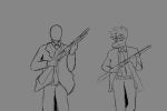  2023 anon_(snoot_game) anthro black_and_white black_tie_(suit) clothing dinosaur dromaeosaurid duo faceless_character faceless_male fingers goodbye_volcano_high gun hair hi_res human male mammal monochrome necktie nicklusious ranged_weapon reed_(gvh) reptile scalie short_hair shotgun snoot_game_(fan_game) snout suit theropod velociraptor weapon 
