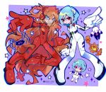  2girls 3others ayanami_rei blue_hair bodysuit character_doll cross gochii_tears headphones highres long_hair matariel multiple_girls multiple_others neon_genesis_evangelion orange_hair pilot_suit plugsuit rei_chikita sachiel_(evangelion) sahaquiel_(evangelion) short_hair souryuu_asuka_langley star_(symbol) white_bodysuit 