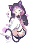  1girl :d commentary_request fang full_body hololive hood ixy long_hair looking_at_viewer murasaki_shion murasaki_shion_(7th_costume) necktie open_mouth purple_necktie skin_fang sleeves_past_wrists smile solo tail thighhighs virtual_youtuber white_hair white_thighhighs yellow_eyes 