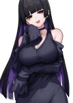  1girl bare_shoulders black_choker black_dress bocchi_the_rock! breasts choker colored_inner_hair covered_navel dress ear_piercing forked_tongue green_eyes highres kushinaka large_breasts long_sleeves looking_at_viewer multicolored_hair open_mouth pa-san piercing purple_hair simple_background solo teeth tongue tongue_out upper_teeth_only white_background 