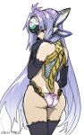  1girl android ass black_gloves black_thighhighs blue_eyes blue_hair breasts closed_mouth elbow_gloves gloves indesign kos-mos long_hair panties red_eyes simple_background sitting solo thighhighs underwear very_long_hair white_background xenosaga xenosaga_episode_i 