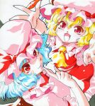  2girls ascot blonde_hair blue_hair blush collared_shirt fangs flandre_scarlet frilled_shirt_collar frilled_skirt frills hair_between_eyes hat hat_ribbon long_hair mizuki_hitoshi mob_cap multiple_girls one_side_up open_mouth pink_headwear pink_shirt red_eyes red_ribbon red_skirt red_vest remilia_scarlet ribbon shirt short_hair short_sleeves siblings sisters skirt smile touhou traditional_media vest white_shirt yellow_ascot 