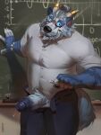  anthro badger beard blue_body blue_eyes blue_glans blush bottomwear chalk chalkboard claws clothed clothing embarrassed facial_hair foreskin fur genitals glans hair hi_res horn horn_jewelry howlitebadger male mammal muscular muscular_anthro muscular_male mustelid musteline mystikfox61 pants penis pubes shirt solo topwear 