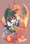  1girl absurdres arm_cannon baron_(x5qgeh) bird_wings black_hair black_wings bow brown_background brown_eyes charizard closed_mouth collared_shirt crossover frilled_skirt frills green_bow green_skirt hair_between_eyes hair_bow highres long_hair pokemon pokemon_(creature) reiuji_utsuho shaded_face shirt short_sleeves simple_background skirt solo third_eye touhou weapon white_shirt wings 