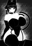  1girl animal_ears blunt_bangs blush bow braid breasts cat_ears cat_girl cat_tail cleavage commentary_request curvy detached_collar elbow_gloves extra_ears garter_belt gloves greyscale groin hair_bow haseru_(ginku_mh) huge_breasts kaenbyou_rin leotard looking_at_viewer medium_hair monochrome multiple_tails nekomata pointy_ears side_braids solo tail thighhighs touhou twin_braids two_tails 