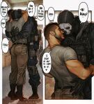  2boys ass bara belt black_belt black_gloves black_hair black_jacket black_pants boots brown_pants bulletproof_vest call_of_duty call_of_duty:_modern_warfare_2 couple english_text facial_hair ghost_(modern_warfare_2) gloves grey_shirt highres hug jacket looking_at_another male_focus mask multiple_boys muscular muscular_male pants shirt short_hair sidecut skull_mask soap_(modern_warfare_2) twitter_username umikochannart yaoi 