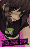  1girl :p absurdres belt black_shirt brown_hair crop_top earrings english_text gir_(invader_zim) grey_eyes highres invader_zim jewelry looking_at_viewer medium_hair mouth_piercing original print_shirt shirt solo tongue tongue_out zoolpal 