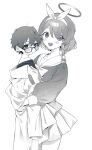  1boy 1girl aged_down arona_(blue_archive) blue_archive blush braid carrying child gawa1517025 glasses greyscale hair_between_eyes hairband halo highres long_sleeves looking_at_viewer male_child monochrome open_mouth oversized_clothes parted_lips pleated_skirt problem_solver_sensei_(blue_archive) sailor_collar sash school_uniform sensei_(blue_archive) serafuku side_braid simple_background skirt 