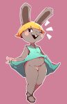  2023 absurd_res animal_crossing anthro blonde_hair bonbon_(animal_crossing) bottomless brown_body brown_fur clothed clothing female fur genitals hair hi_res lagomorph leporid looking_at_viewer lurkin mammal nintendo one_eye_closed open_mouth open_smile pussy rabbit simple_background smile smiling_at_viewer solo wink winking_at_viewer 