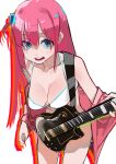  1girl absurdres artist_name bikini blue_eyes bocchi_the_rock! breasts character_name collarbone commentary cowboy_shot cube_hair_ornament dated electric_guitar gibson_les_paul gotoh_hitori guitar hair_between_eyes hair_ornament highres holding holding_instrument holding_plectrum instrument jacket large_breasts leaning_forward long_hair looking_at_viewer off_shoulder one_side_up pink_hair pink_jacket plectrum solo swimsuit teeth tngkbmarlon track_jacket upper_teeth_only white_bikini 