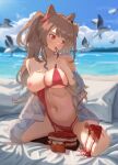  1girl absurdres angelina_(arknights) animal_ears arknights beach bikini bird blue_sky blush breasts brown_hair cake clothes_in_mouth cloud cloudy_sky earpiece food fox_ears fox_girl highres large_breasts long_hair mouth_hold navel nipples one_breast_out outdoors public_indecency public_nudity red_bikini red_eyes sand seiza sitting sky solo swimsuit twintails undone_bikini very_long_hair water xiandai_quanru 