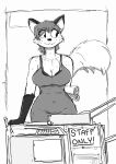  absurd_res anthro breasts canid canine cleavage clothed clothing digital_media_(artwork) dress female fox fur hair herro hi_res mammal monochrome nervous rolled_up_newspaper scanner sign smile solo tail 