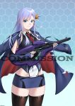  1girl alceid azur_lane bird_of_paradise_flower black_thighhighs blue_eyes blue_hair clothing_cutout coat coat_on_shoulders commentary commission covenant_carbine cowboy_shot english_commentary fingerless_gloves flower gloves gun hair_flower hair_ornament halo_(series) highres holding holding_gun holding_weapon honeycomb_(pattern) honeycomb_background long_hair necktie red_necktie thighhighs ticonderoga_(azur_lane) trigger_discipline watermark weapon 