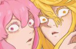  2girls blonde_hair constricted_pupils hair_between_eyes highres jigokuraku ju_fa long_hair looking_at_viewer madishon multiple_girls open_mouth pink_eyes pink_hair short_hair surprised tao_fa yellow_eyes 