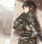  1girl belt brown_hair bulletproof_vest camouflage camouflage_jacket camouflage_pants combat_helmet cowboy_shot gloves goggles goggles_on_headwear green_eyes grey_belt grey_gloves gun helmet highres holding holding_weapon jacket looking_to_the_side military original pants people short_hair signature skinnysloth soldier solo_focus walkie-talkie weapon 