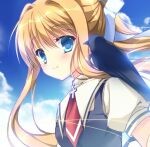  1girl air_(visual_novel) bird black_bird blonde_hair blue_eyes blush cloud crow dress hair_ribbon kamio_misuzu long_hair ponytail ribbon school_uniform sky smile solo tanihara_natsuki very_long_hair 