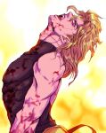  1boy blonde_hair blood blood_on_arm blood_on_face dio_brando earrings fangs head_tilt jewelry jojo_no_kimyou_na_bouken male_focus muscular muscular_male red_eyes ruushii_(lucy_steel6969) scar scar_on_neck shirt sleeveless sleeveless_turtleneck solo stardust_crusaders stitched_neck stitches tight tight_shirt turtleneck vampire 