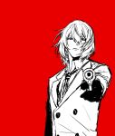  1boy aiming aiming_at_viewer akechi_gorou closed_mouth collared_shirt foreshortening frown gloves greyscale_with_colored_background gun hair_between_eyes highres holding holding_gun holding_weapon jacket kaisen_(kaisen_inari) long_sleeves looking_at_viewer male_focus necktie persona persona_5 red_background shirt short_hair simple_background solo striped_necktie upper_body weapon 