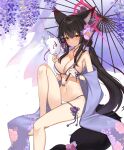  1girl absurdres animal_ears bare_legs bare_shoulders barefoot bikini black_hair blue_archive blush bow breasts cleavage collarbone flower foot_out_of_frame fox_ears fox_girl fox_mask fox_tail hair_bow hair_flower hair_ornament highres holding holding_umbrella knee_up large_breasts legs long_hair looking_at_viewer mask navel purple_bow purple_flower s4bi sidelocks smile solo swimsuit tail thighs toes umbrella very_long_hair wakamo_(blue_archive) wakamo_(swimsuit)_(blue_archive) white_bikini yellow_eyes 