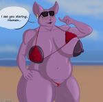  anthro areola beach belly big_areola big_belly big_breasts big_nipples bikini breasts champa chubby_female clothed clothing crossgender digital_media_(artwork) domestic_cat dragon_ball dragon_ball_super ear_piercing ear_ring eyelashes eyewear eyewear_on_head felid feline felis female genitals hairless hairless_cat hi_res huge_breasts ineffective_swimwear klr-rio looking_at_viewer mammal navel nipples outside overweight piercing purple_body pussy raised_bikini raised_clothing raised_swimwear ring_piercing sand sea seaside simple_background sky smile solo speech_bubble sphynx_(cat) sunglasses sunglasses_on_head swimwear text thick_thighs water 