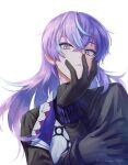  1boy absurdres black_gloves blue_hair chikuwa_(rinka) gloves hand_on_own_face highres hoshirube_sho long_hair long_sleeves male_focus multicolored_hair nijisanji purple_hair solo streaked_hair virtual_youtuber 