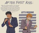  2boys absurdres after_first_kiss_(meme) black_hair black_jacket blush clenched_hands clenched_teeth closed_mouth embarrassed english_text grey_jacket highres jacket kentret male_focus meme mob_psycho_100 multiple_boys necktie orange_hair reigen_arataka serizawa_katsuya shirt short_hair teeth upper_body white_shirt 