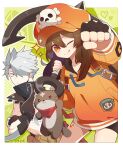  1boy 1girl anchor bike_shorts brown_eyes brown_hair cabbie_hat chipp_zanuff dodomezaki fingerless_gloves gloves grey_hair guilty_gear guilty_gear_strive hat hat_ornament highres holding holding_anchor hood hoodie long_hair long_sleeves looking_at_viewer may_(guilty_gear) mie_onion one_eye_closed orange_eyes orange_headwear orange_hoodie orange_shirt red_eyes shirt skull_and_crossbones skull_hat_ornament smile 