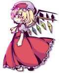  1girl ascot blonde_hair bow chibi closed_mouth crystal fang fang_out flandre_scarlet frilled_shirt_collar frilled_skirt frilled_vest frills from_side full_body hat hat_bow medium_hair mob_cap multicolored_wings puffy_short_sleeves puffy_sleeves red_bow red_eyes red_skirt red_vest shirt short_sleeves simple_background skirt solo touhou vest white_background white_headwear white_shirt wings yellow_ascot yumesoraneko 