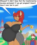  baby_trapping black_clothing black_dress bowser bowsette_meme brown_eyes clothed clothing crown deception dialogue dress duo female foxtide888 hair headgear horn human humanoid koopa looking_back male mammal mario mario_bros meme nintendo orange_eyes pregnant red_hair scalie sharp_teeth shell shocked_expression smile speech_bubble spiked_shell spikes spikes_(anatomy) super_crown tan_body tan_skin teeth text 