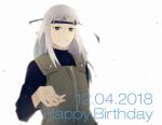  1boy english_text farel76 forehead_protector grey_hair happy_birthday headband highres katou_dan konohagakure_symbol long_hair male_focus naruto naruto_(series) ninja simple_background smile solo 