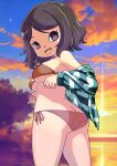  1girl :d animal_crossing ass bare_shoulders bikini black_eyes black_hair blue_sky breasts butt_crack cloud highres medium_breasts mismatched_bikini muramasa_mikado open_mouth orange_bikini pink_bikini short_hair side-tie_bikini_bottom sky smile solo standing star_(sky) sunset swimsuit teeth thighs tongue tongue_out twilight underboob upper_teeth_only villager_(animal_crossing) 