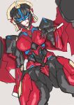  autobot black_skin blue_eyes breasts colored_skin crotch_plate flame_toys flame_toys_windblade grotesquerampag highres humanoid_robot large_breasts mecha_musume mechanical_wings robot thick_thighs thighs tongue tongue_out transformers windblade wings 