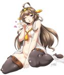  1girl ahoge black_thighhighs blowing_kiss blush boots breasts brown_hair heart kantai_collection kongou_(kancolle) large_breasts lips long_hair looking_at_viewer minazuki_tsuyuha one_eye_closed puckered_lips simple_background sitting solo thigh_boots thighhighs wariza white_background 
