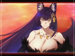 1girl absurdres akizuki_(17769498) azur_lane bare_shoulders black_kimono breasts cleavage commentary_request facial_mark fox_tail fur-trimmed_kimono fur_trim hair_ornament highres huge_breasts japanese_clothes jewelry kimono kitsune kyuubi large_tail long_hair looking_at_viewer magatama magatama_necklace multiple_tails musashi_(azur_lane) necklace purple_hair slit_pupils solo tail upper_body very_long_hair whisker_markings yellow_eyes 