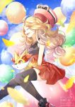  1girl :d balloon blonde_hair breasts closed_eyes cloud collared_shirt commentary day eyelashes fennekin from_side hat highres knees_together_feet_apart long_hair low-tied_long_hair open_mouth outdoors pink_headwear pleated_skirt pokemon pokemon_(game) pokemon_xy serena_(pokemon) shirt shoes skirt sky sleeveless sleeveless_shirt smile sunglasses teeth thighhighs tongue upper_teeth_only watermark white-framed_eyewear yomogi_(black-elf) 