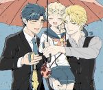  2022 aged_down bag black_jacket black_vest blonde_hair blue_hair blue_necktie blush braid carrying closed_eyes dio_brando english_commentary facing_viewer family father_and_son giorno_giovanna grey_shirt holding holding_umbrella implied_yaoi jacket jojo_no_kimyou_na_bouken jonathan_joestar long_sleeves male_child morino_peko multiple_boys necktie open_mouth outdoors rain shirt short_hair smile umbrella vento_aureo vest white_shirt 