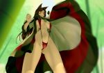  1girl absurdres animal_ears ass_visible_through_thighs bamboo blurry blurry_background breasts brown_hair closed_mouth clothes_lift covered_nipples day dress dress_lift feet_out_of_frame from_below front-tie_swimsuit groin hand_up hi_you_(flying_bear) highres imaizumi_kagerou large_breasts legs_apart long_hair looking_down motion_blur navel one-piece_swimsuit orange_eyes outdoors red_one-piece_swimsuit skindentation slingshot_swimsuit slit_pupils solo standing stomach swimsuit swimsuit_under_clothes touhou very_long_hair wind wind_lift wolf_ears 