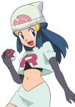  1girl :d beanie black_shirt blue_eyes cosplay cropped_jacket dawn_(pokemon) elbow_gloves eyelashes gloves hainchu hair_ornament hairclip hand_up hat highres holding holding_poke_ball jacket jessie_(pokemon) jessie_(pokemon)_(cosplay) logo long_hair looking_at_viewer midriff navel open_mouth poke_ball poke_ball_(basic) pokemon pokemon_(anime) pokemon_dppt_(anime) shirt sidelocks simple_background skirt smile solo team_rocket team_rocket_uniform tongue white_background white_headwear white_jacket white_skirt 