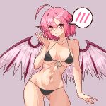  1girl ahoge animal_ears bare_arms bare_legs bare_shoulders bikini bird_ears bird_wings black_bikini blush breasts brown_background closed_mouth cowboy_shot eaglov earrings fingernails front-tie_bikini_top front-tie_top highres jewelry long_fingernails looking_at_viewer medium_breasts mystia_lorelei nail_polish navel pink_eyes pink_hair pink_nails pixel_art sharp_fingernails short_hair simple_background single_earring solo swimsuit touhou white_wings wings 