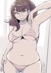  1girl absurdres arm_up bikini brown_hair glasses green_eyes hadashi_no_kenji hand_on_own_hip highres indoors long_hair looking_at_viewer navel original pink_bikini plump smile standing striped striped_bikini swimsuit 