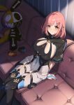  1girl black_footwear black_nails black_shirt boots breasts bridal_gauntlets character_doll cleavage clothing_cutout commentary couch framed_breasts garter_straps grey_eyes hair_ornament hairclip highres homu_(honkai_impact) honkai_(series) honkai_impact_3rd indoors large_breasts leotard looking_at_viewer meda medium_hair on_couch pink_hair shadow shirt short_sleeves sidelocks sitting skindentation smile solo thigh_boots thigh_pouch thighhighs timido_cute underboob underboob_cutout white_leotard white_thighhighs 