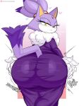  &lt;3 anthro big_butt blaze_the_cat blush butt clothed clothing domestic_cat eyelashes felid feline felis female fur gloves handwear hi_res huge_butt jinu looking_at_viewer looking_back looking_back_at_viewer mammal motion_lines patreon purple_body purple_fur sega simple_background solo sonic_the_hedgehog_(series) sound_effects tail text tight_clothing url yellow_eyes 