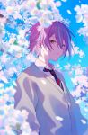  1boy 32_oogawa blue_hair blue_necktie blue_sky blurry blurry_foreground branch brown_eyes buttons cardigan cherry_blossoms collared_shirt commentary day depth_of_field diagonal-striped_necktie diagonal_stripes earrings expressionless flower grey_cardigan hair_between_eyes highres jewelry kamishiro_rui kamiyama_high_school_uniform_(project_sekai) long_sleeves looking_at_viewer male_focus multicolored_hair necktie outdoors parted_lips petals pink_flower project_sekai purple_hair school_uniform shirt short_hair sidelocks sky solo streaked_hair striped striped_necktie stud_earrings upper_body white_shirt wing_collar 