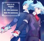  2boys armlet black_jacket black_pants closed_mouth collared_shirt commentary_request copyright_name dated green_eyes green_hair holding holding_poke_ball jacket jewelry long_sleeves male_focus memo14030037 multiple_boys necktie pants poke_ball poke_ball_(basic) pokemon pokemon_(game) pokemon_oras pokemon_rse red_necktie ring shirt short_hair steven_stone white_shirt 